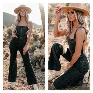 Blue Blush Black Denim Jean Zip Front Tie Back Jumpsuit